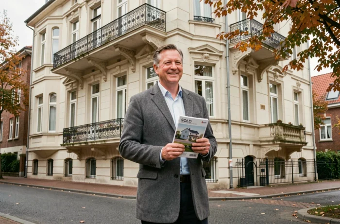 Propriétaire belge satisfait devant une maison de maître art nouveau vendue grâce à une agence immobilière à Gand