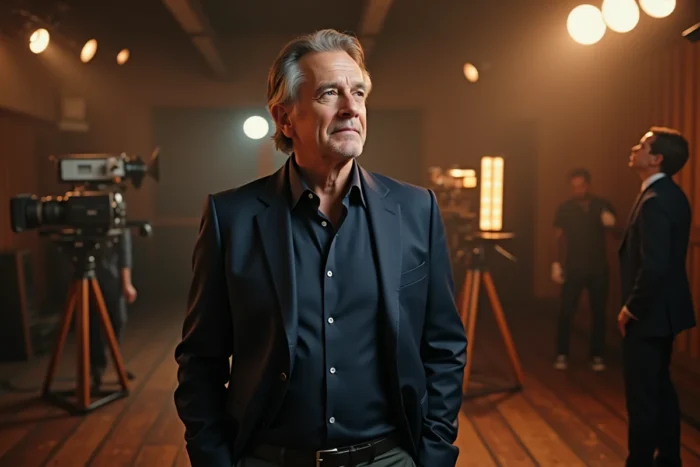 Acteur masculin élégant en costume sombre sur un plateau de cinéma hollywoodien vintage avec caméras et clap en arrière-plan
