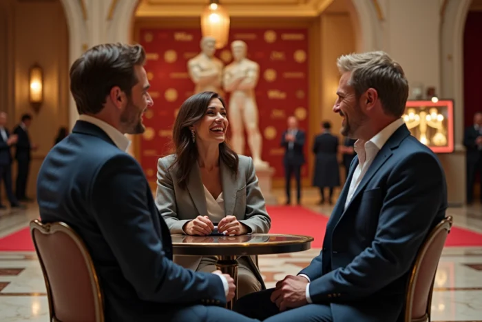Trois acteurs réunis lors d'un festival de cinéma prestigieux, échangeant avec enthousiasme devant un décor de tapis rouge et de trophées