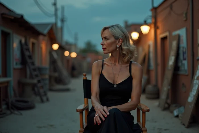 Actrice renommée en robe de soirée noire assise dans une chaise de réalisateur sur un backlot de studio cinématographique au crépuscule