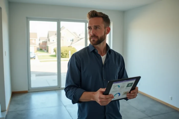Agent immobilier analysant les coûts d'une visite virtuelle 3D dans une maison vide avec une tablette