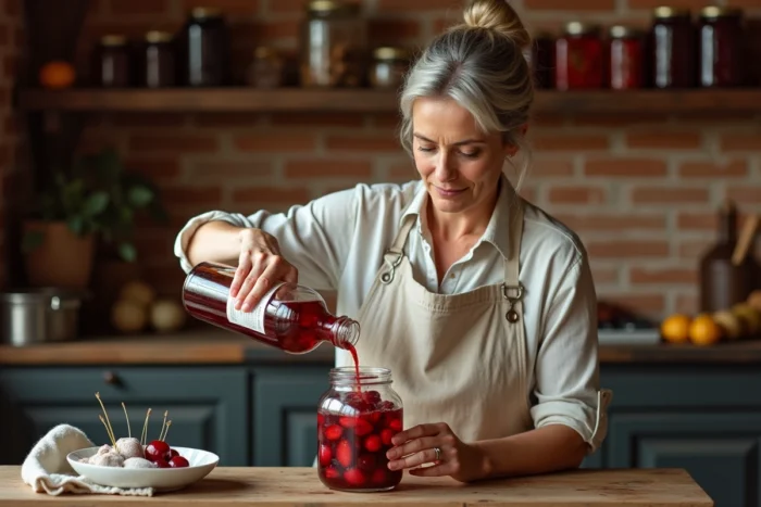 Femme versant de l'alcool de fruit Leclerc dans un bocal de fruits macérés dans une cuisine rustique