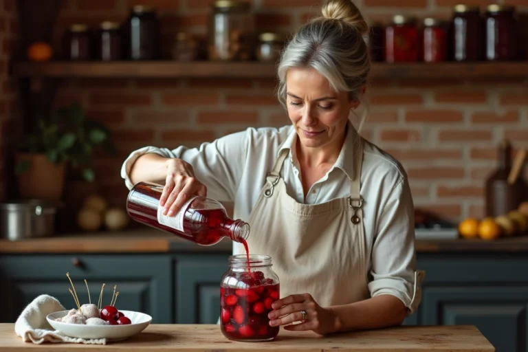 Femme versant de l'alcool de fruit Leclerc dans un bocal de fruits macérés dans une cuisine rustique