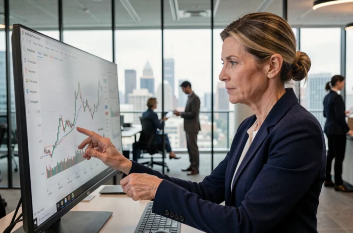 Femme cadre analysant des graphiques financiers sur un écran dans un bureau moderne en ville