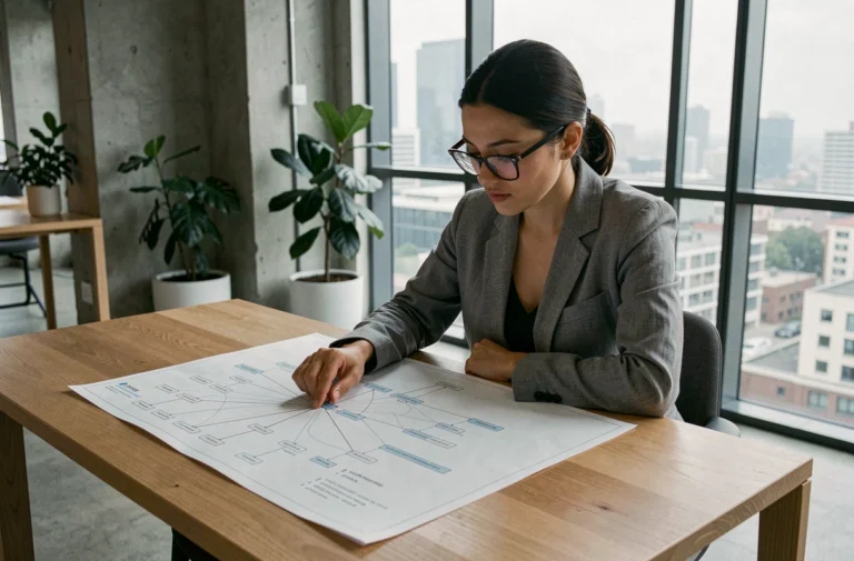 Femme analyste explorant une carte de structure de site web sur un bureau en bois dans un bureau moderne