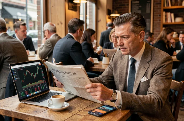Analyste financier lisant les dernières actualités économiques dans un café urbain