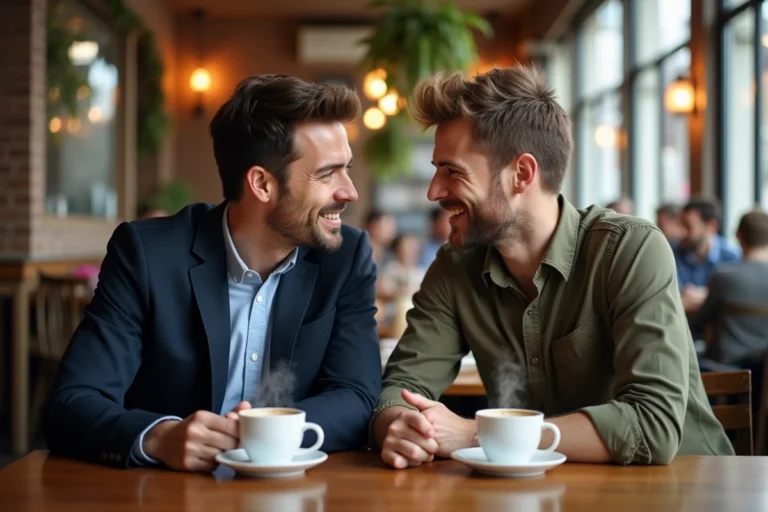 Anthony Favalli et Florian Tardif attablés dans un café parisien, souriant et conversant chaleureusement ensemble