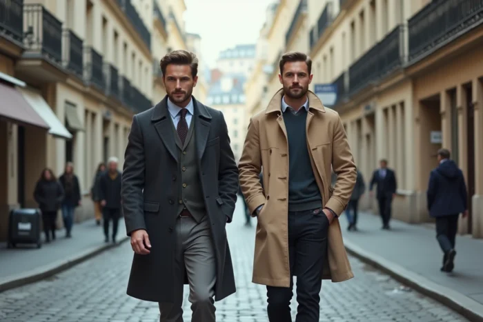 Le couple Anthony Favalli et Florian Tardif marchant côte à côte dans une rue pavée européenne avec une allure décontractée et confiante