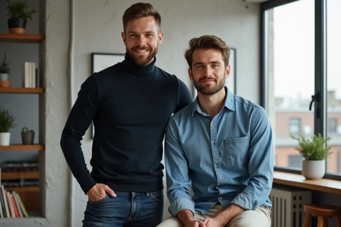 Portrait professionnel du couple Anthony Favalli et Florian Tardif dans un studio créatif moderne, exprimant réussite et complicité