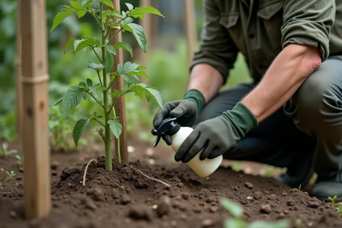 Jardinier appliquant du lait dilué au pied d'un plant de tomate avec un vaporisateur