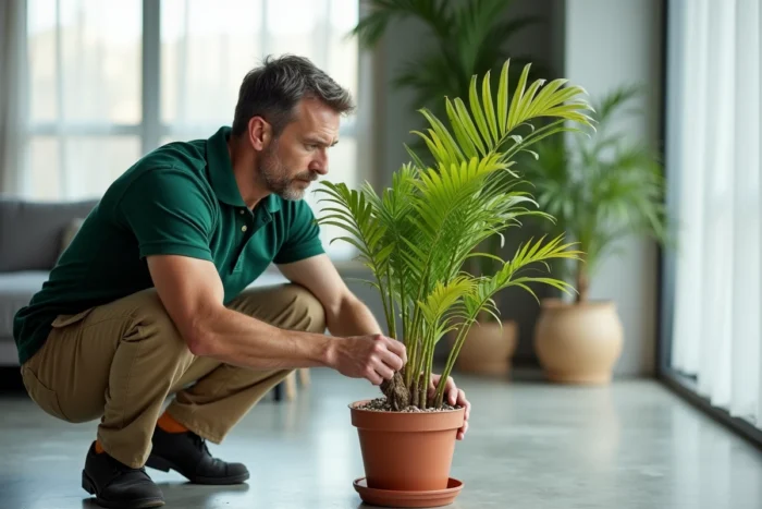 Arboriste inspectant les signes de dépérissement d'un palmier areca en pot dans un appartement moderne