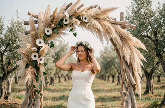 Arche de mariage en bois flotté et pampa dans une oliveraie provençale avec mariée en robe blanche