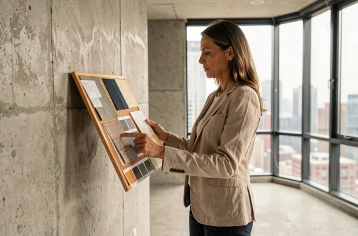 Femme architecte d'intérieur tenant un tableau d'inspiration avec des échantillons de matériaux dans un appartement vide en cours de rénovation