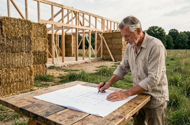 Architecte examinant des plans de construction d'une maison écologique en bois et paille sur un chantier durable en pleine nature