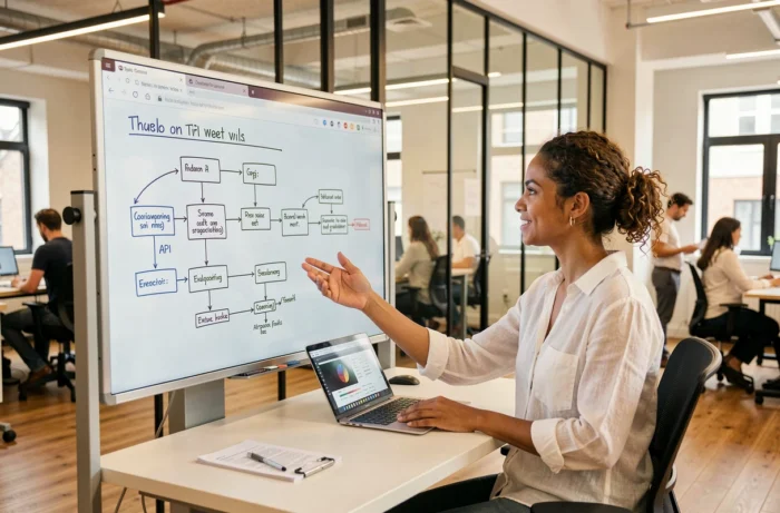 Architecte logicielle présentant un schéma d'architecture API SVC sur un tableau blanc numérique en espace de co-working