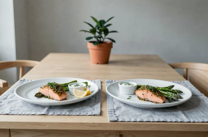 Table dressée avec deux assiettes de saumon aux herbes et asperges rôties dans une salle à manger scandinave