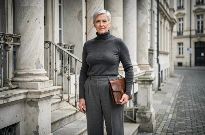 Femme distinguée aux cheveux argentés devant un bâtiment historique européen, illustrant un parcours professionnel remarquable