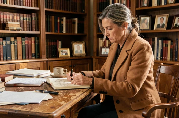 Femme mature et déterminée consultant ses notes dans une bibliothèque personnelle, symbole d'un parcours intellectuel accompli