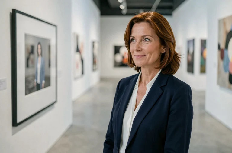 Femme élégante et inspirante contemplant une œuvre dans une galerie d'art contemporaine, évoquant un parcours de vie remarquable
