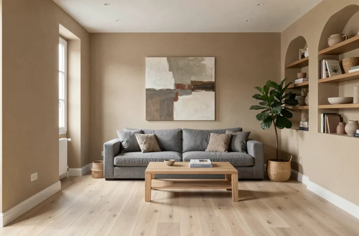 Salon polyvalent avec murs peints en beige sable, canapé en lin gris et parquet chêne clair