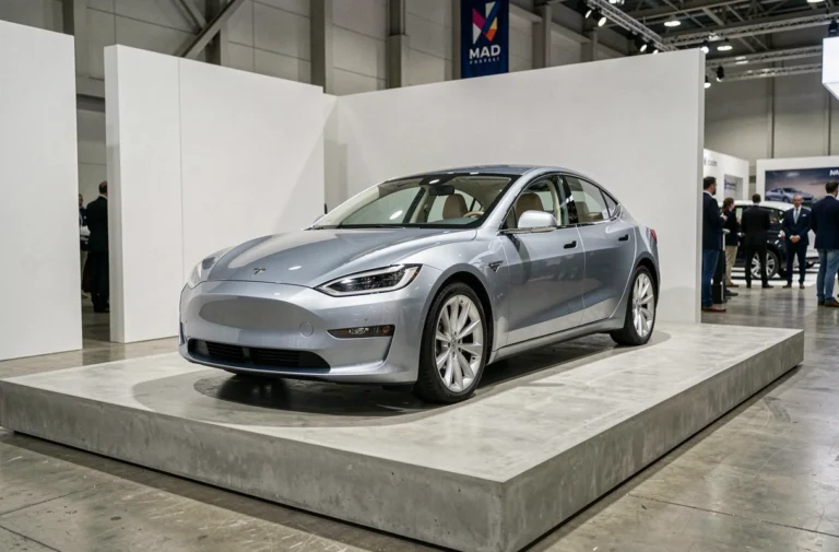 Berline électrique moderne exposée dans un salon automobile en 2024, vue en trois quarts avant sur podium en béton poli