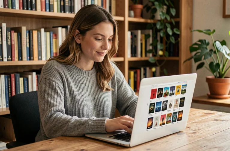 Jeune femme parcourant une bibliothèque numérique gratuite sur son ordinateur portable depuis son bureau à domicile