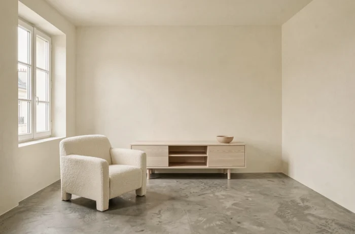 Salon épuré peint en blanc cassé finition mate avec un canapé bouclé et un parquet chêne clair
