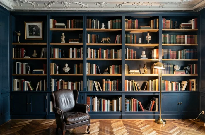 Mur bibliothèque peint en bleu orageux avec des étagères en chêne remplies de livres et un fauteuil en cuir