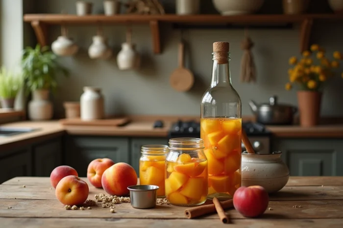Bocal de fruits macérés à l'alcool avec pêches et abricots sur une table en bois rustique pour préparation maison