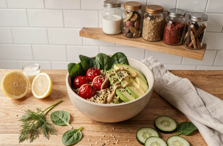 Bol repas sain avec quinoa, avocat, tomates rôties et légumes frais sur un comptoir en bois