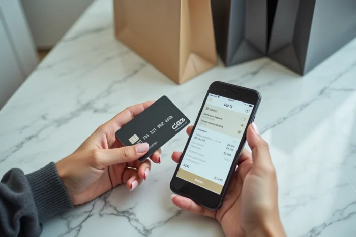 Gros plan de mains tenant une carte bancaire et un smartphone pour finaliser un achat Zalando en 4 fois