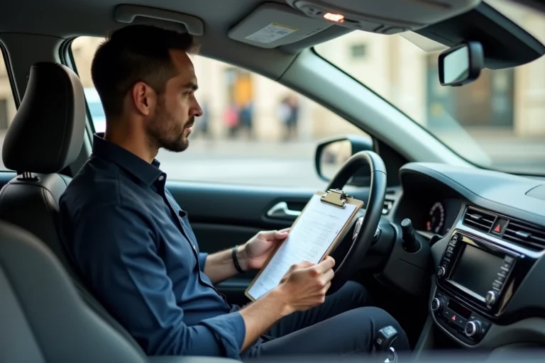 Chauffeur de taxi VSL assis au volant d'un véhicule sanitaire léger blanc, consultant un document de trajet avec une expression concentrée