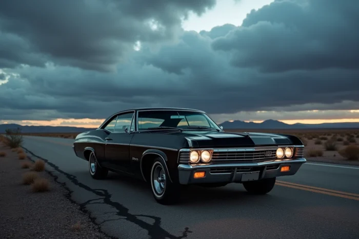 Chevrolet Impala 1967 noire authentique de la série Supernatural garée sur une route désertique américaine au crépuscule