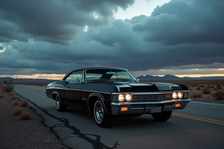 Chevrolet Impala 1967 noire authentique de la série Supernatural garée sur une route désertique américaine au crépuscule