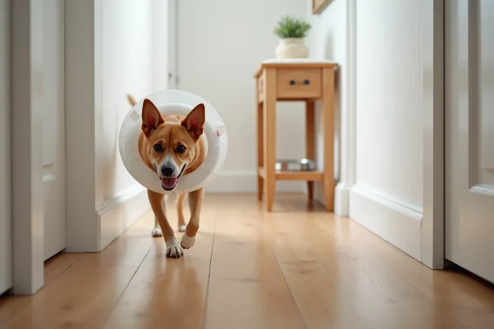 Petit chien avec collerette transparente se déplaçant dans un couloir aménagé avec des protections de meubles pour sa sécurité