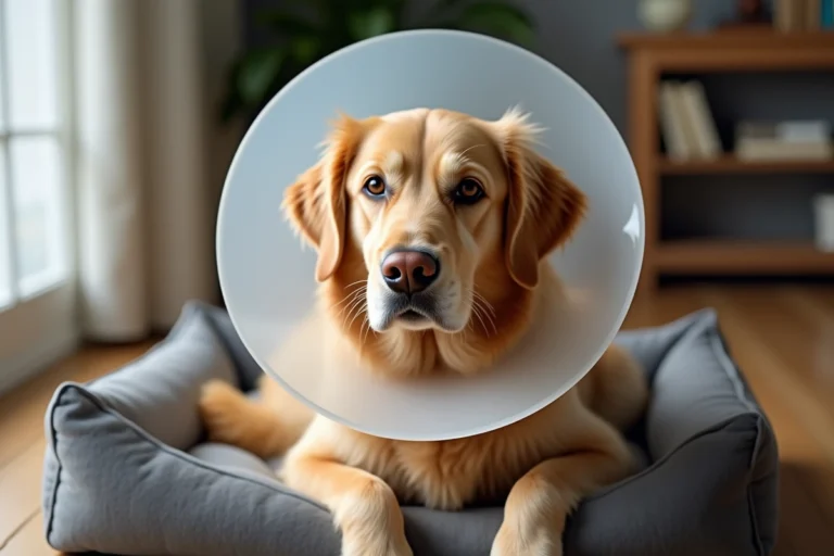 Chien golden retriever portant une collerette blanche assis confortablement sur un coussin orthopédique dans un salon cosy