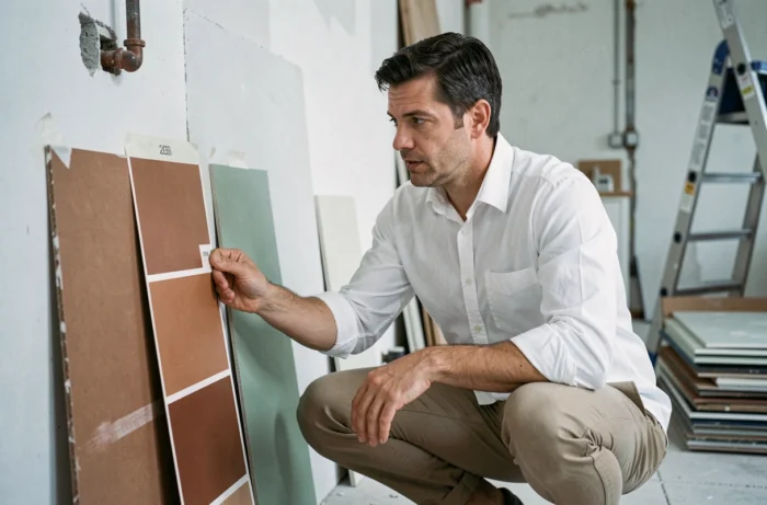 Homme comparant des échantillons de peinture sur un mur en plâtre dans une cuisine en cours de rénovation pour un projet immobilier