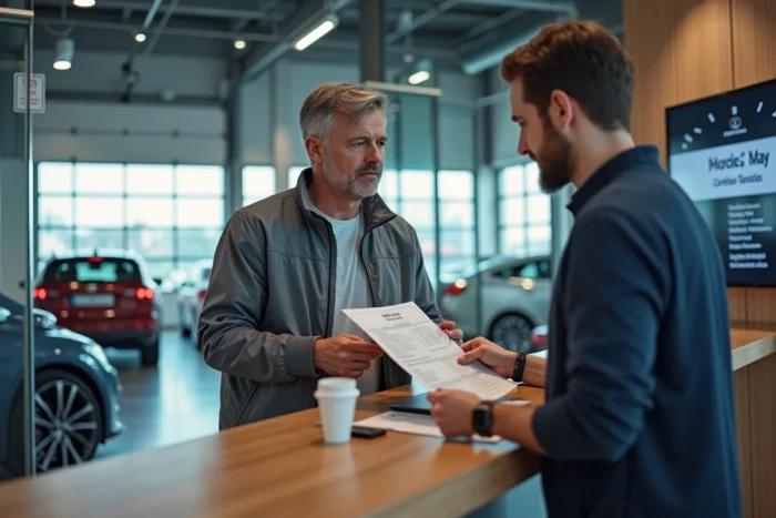 Client et conseiller de service examinant un rapport de diagnostic dans la réception d'un garage agréé