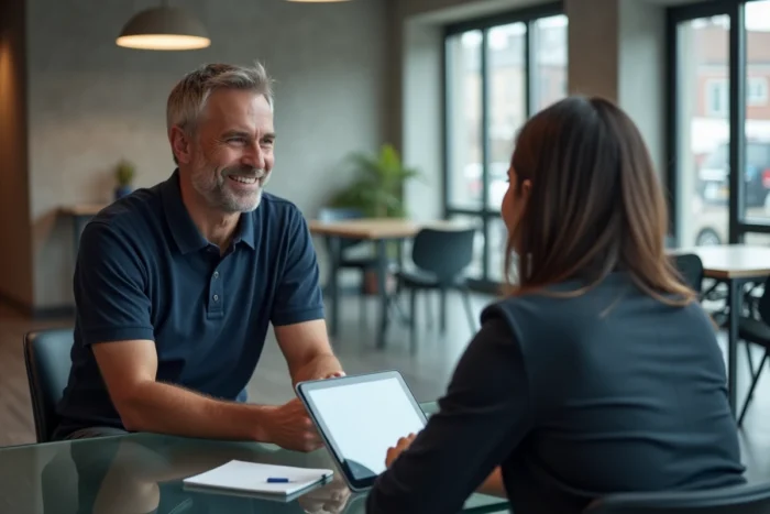 Homme en séance de coaching de carrière dans un espace de coworking moderne pour sa reconversion