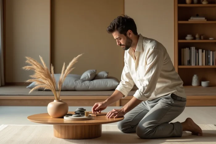 Homme aménageant un coin détente minimaliste avec jardin zen, pierres naturelles et décoration japonaise