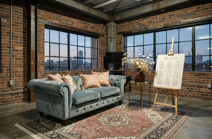 Coin salon de mariage vintage avec canapé Chesterfield bleu, tapis persan et décor industriel dans un loft urbain