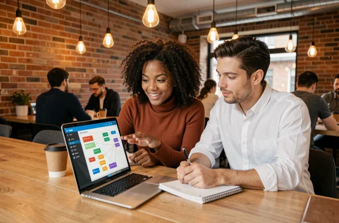Deux collègues collaborant sur l'audit de la structure et des contenus d'un site web dans un espace de coworking