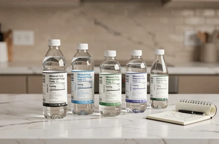 Comparaison de plusieurs bouteilles d'eau minérale posées sur un comptoir en marbre blanc pour choisir la meilleure contre la constipation