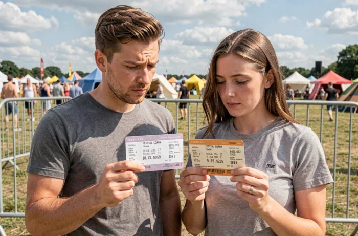 Deux festivaliers comparant des billets des Vieilles Charrues pour détecter un faux billet contrefait