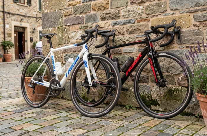 Comparatif de deux vélos de route côte à côte appuyés contre un mur en pierre, comparaison de géométrie