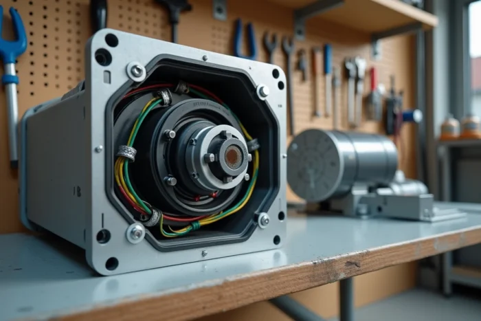 Gros plan sur les composants internes d'un moteur de portail enterré ouvert posé sur un établi d'atelier