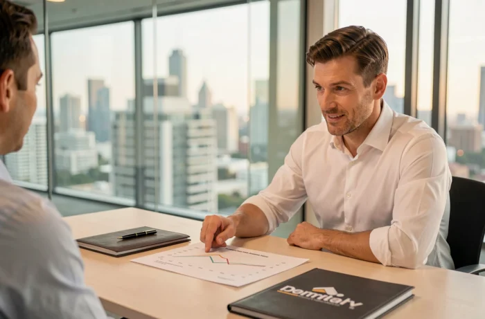 Conseiller immobilier présentant une projection de rendement locatif à un client dans une agence moderne