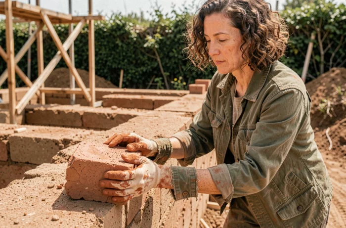 Femme posant des blocs de terre compressée pour construire un mur de maison écologique durable à faible consommation énergétique