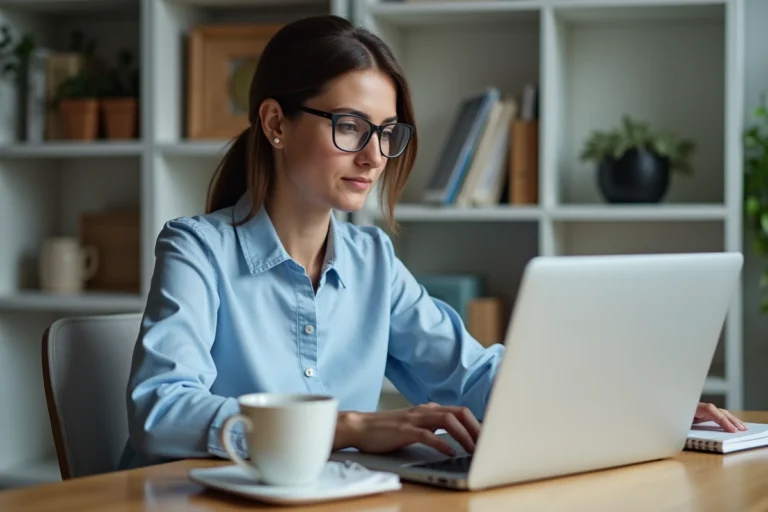 Femme en train de convertir un document WordPad en fichier Word sur un ordinateur portable dans un bureau à domicile