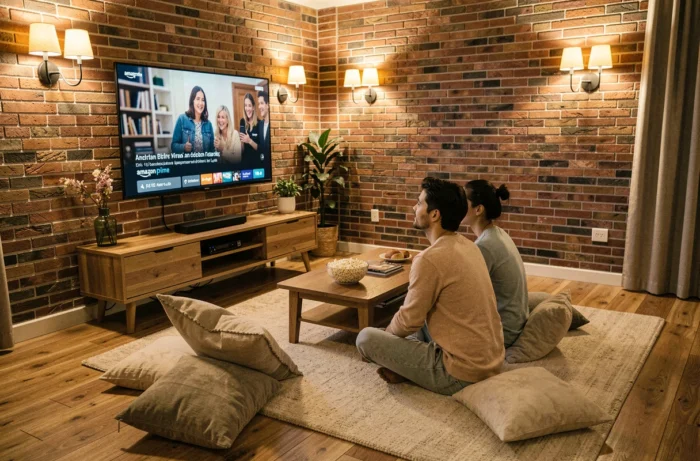 Couple regardant Amazon Prime Video ensemble dans un salon cosy lors d'une soirée film